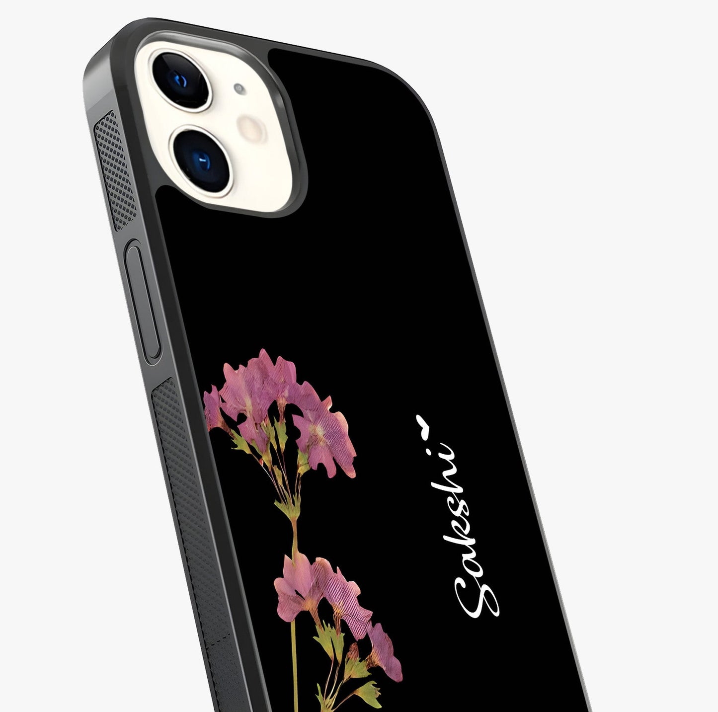 Riching Lavender Flower Custom Name Glass Case captured at a warm angle highlighting gloss, texture and premium glass finish.