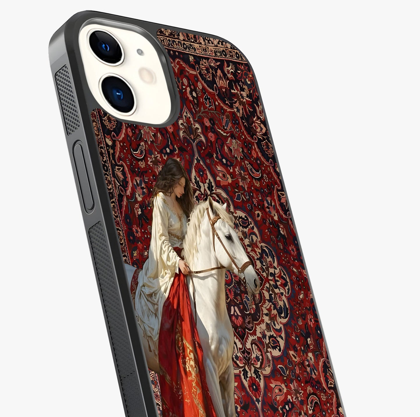 Royal Rider Tapestry Glass Case captured at a warm angle highlighting gloss, texture and premium glass finish.
