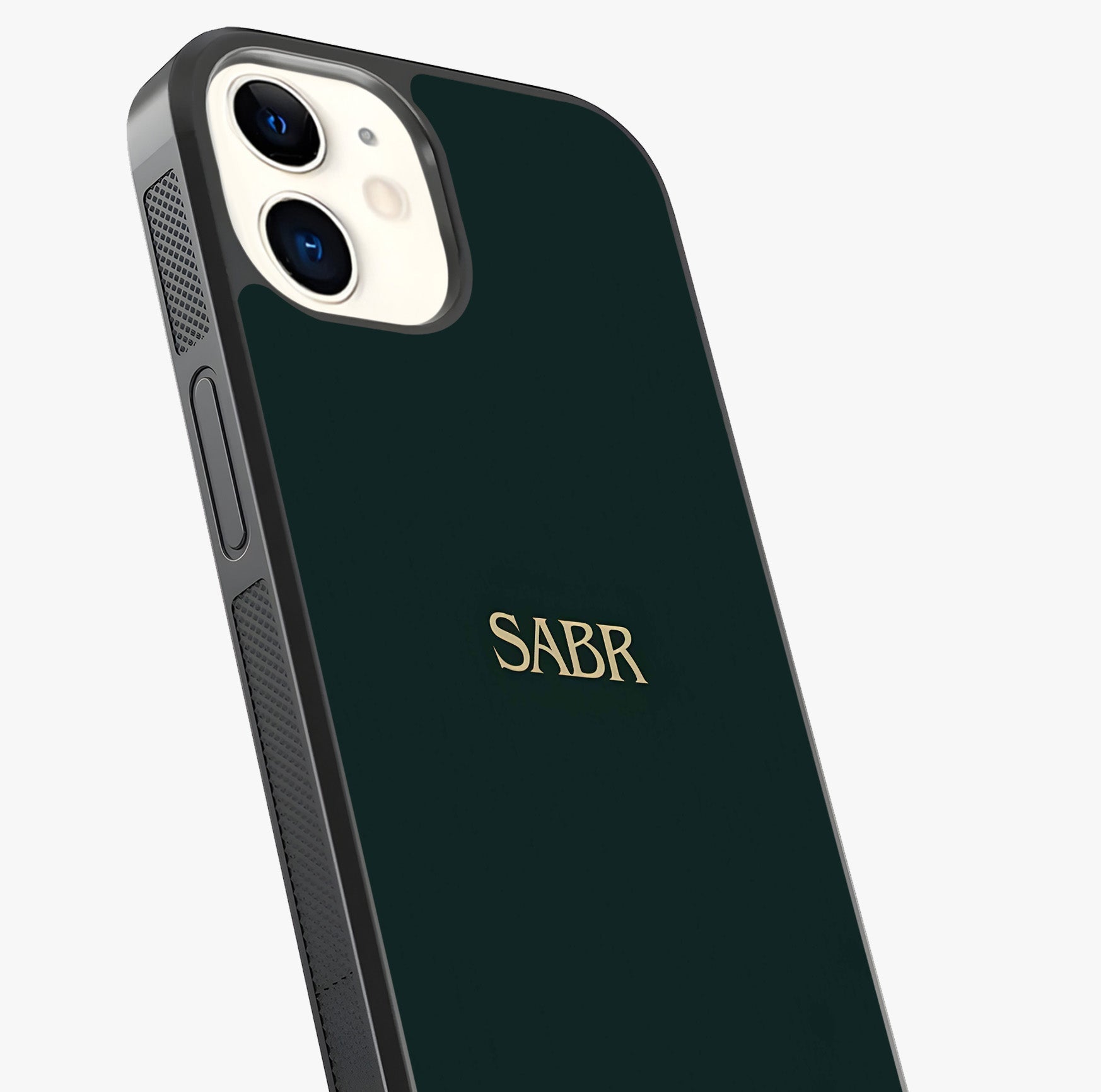 Sabr Minimal Patience Glass Case captured at a warm angle highlighting gloss, texture and premium glass finish.