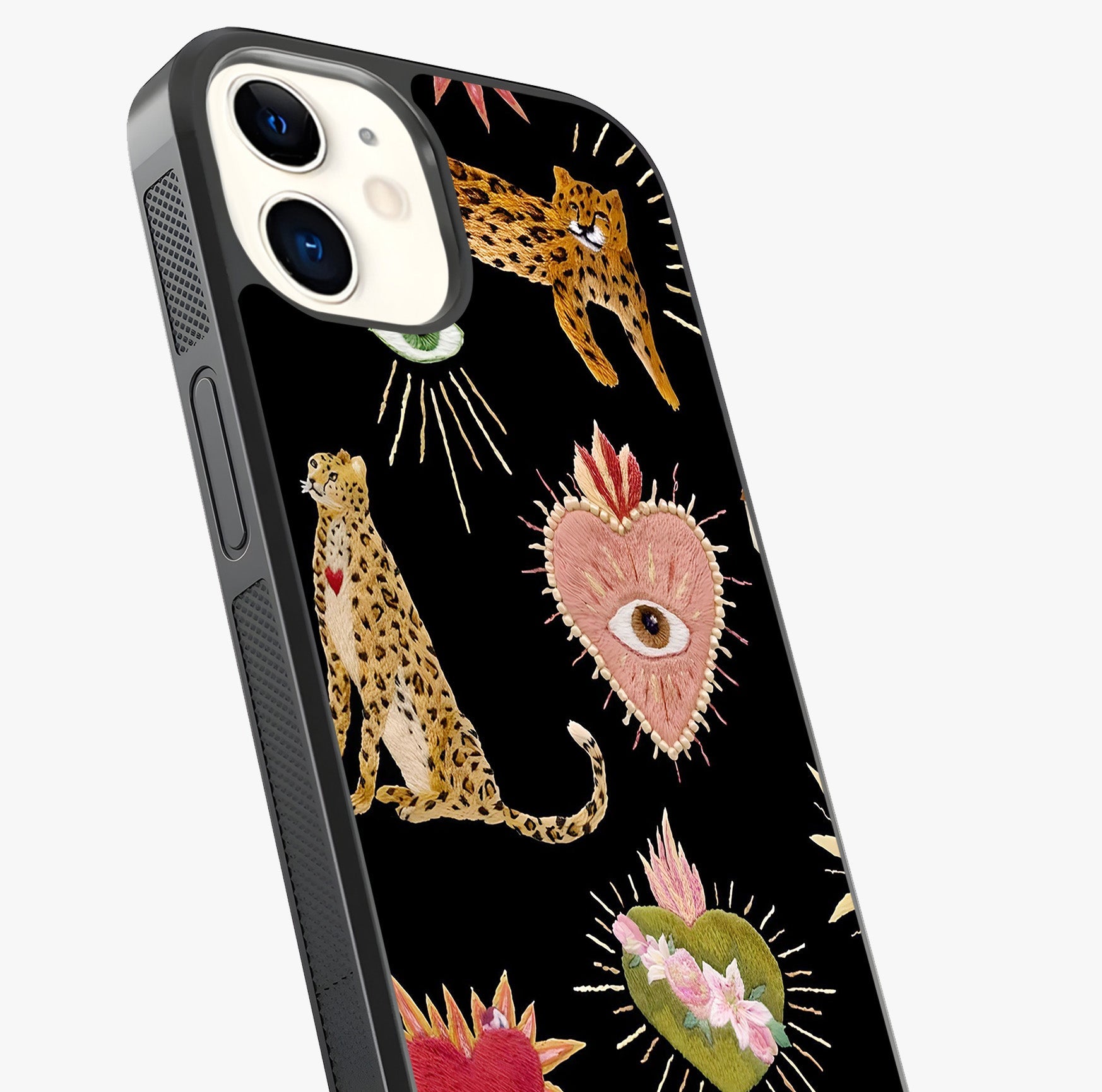Sacred Jungle Heart Glass Case captured at a warm angle highlighting gloss, texture and premium glass finish.