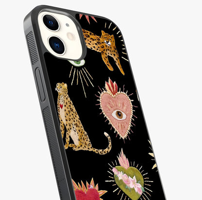 Sacred Jungle Heart Glass Case captured at a warm angle highlighting gloss, texture and premium glass finish.