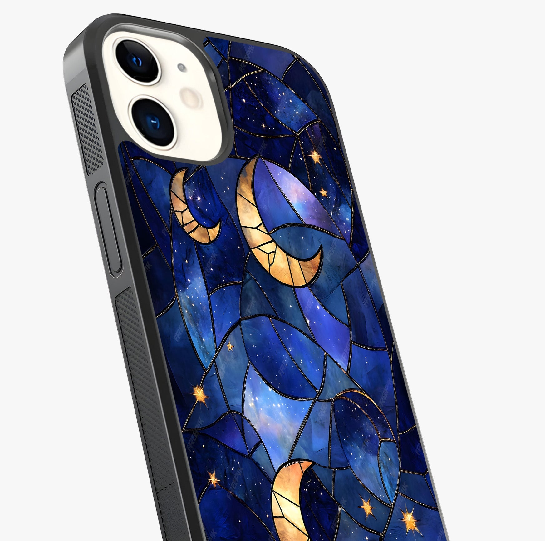 Starlit Sky Tapestry Glass Case captured at a warm angle highlighting gloss, texture and premium glass finish.