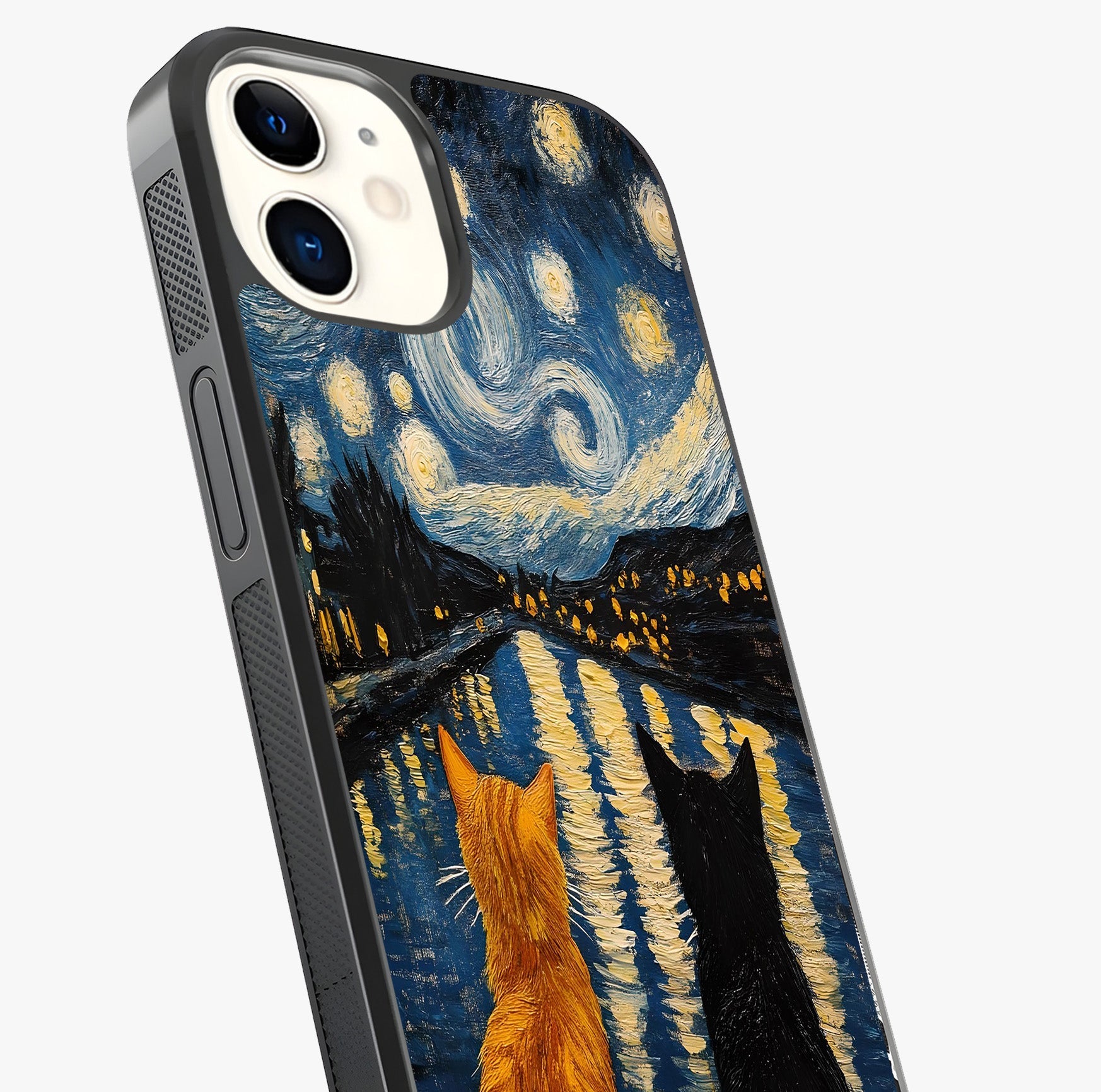 Starry River Cats Glass Case captured at a warm angle highlighting gloss, texture and premium glass finish.