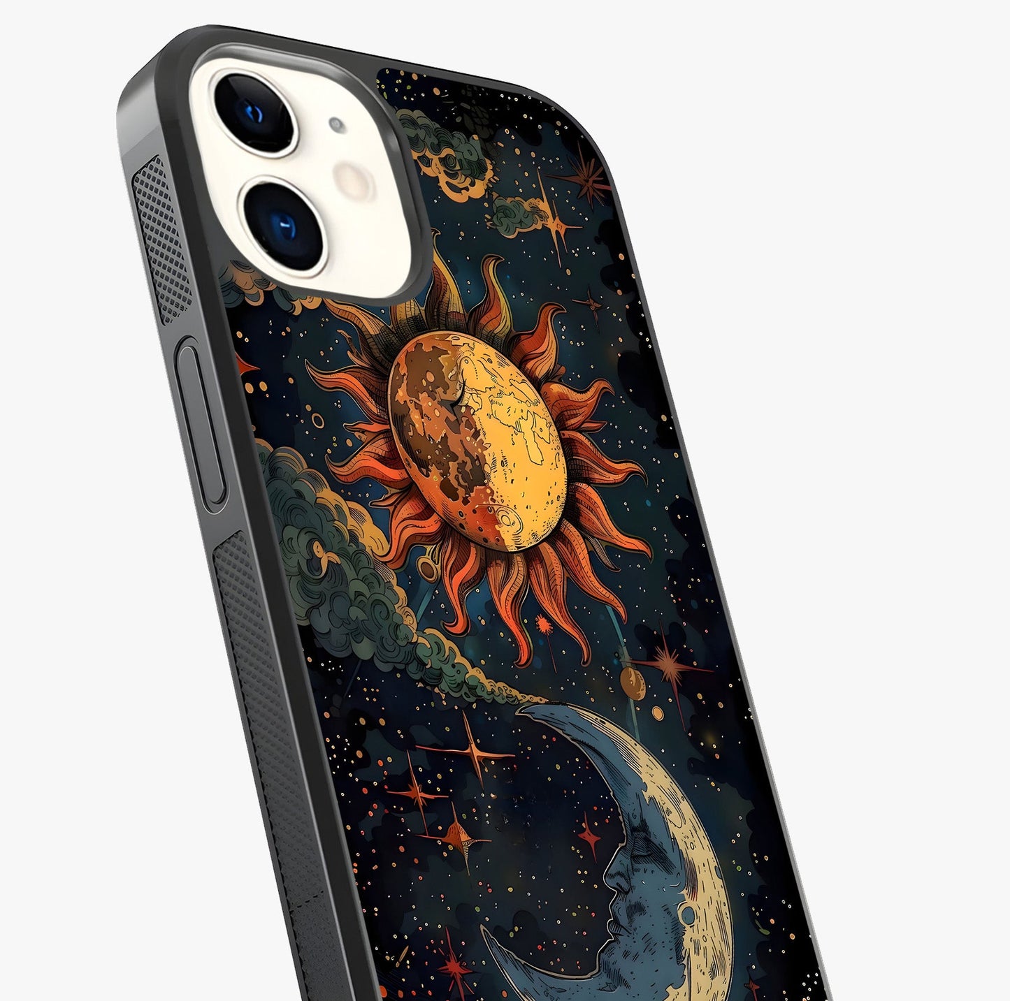 Sun And Moon Magic Design Glass Case captured at a warm angle highlighting gloss, texture and premium glass finish.