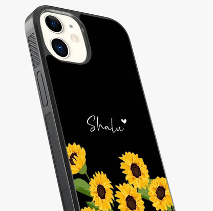 Sunflower Chic Mood Custom Name Glass Case captured at a warm angle highlighting gloss, texture and premium glass finish.