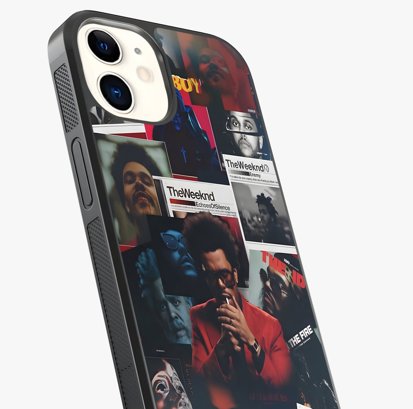 The Weeknd Glass Case captured at a warm angle highlighting gloss, texture and premium glass finish.