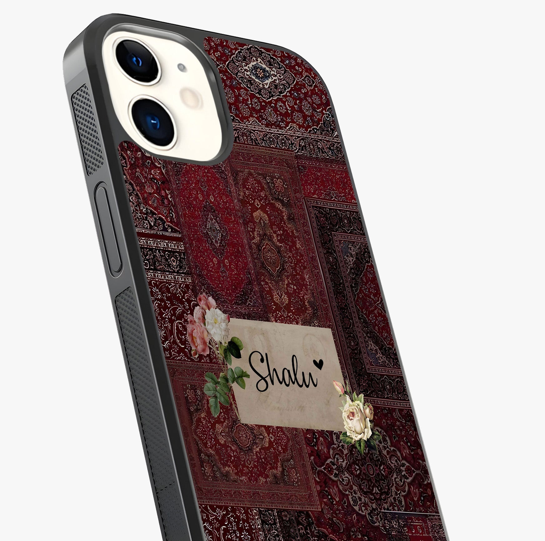Velvet Wine Pattern Custom Name Glass Case captured at a warm angle highlighting gloss, texture and premium glass finish.