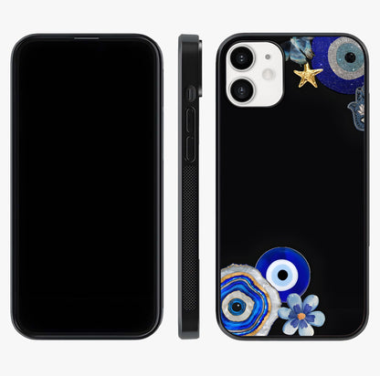 Aesthetic Blue Evil Eye Glass Case displayed upright for full design visibility and premium finish.