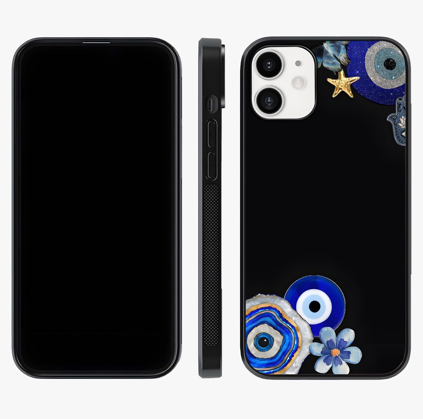 Aesthetic Blue Evil Eye Glass Case displayed upright for full design visibility and premium finish.