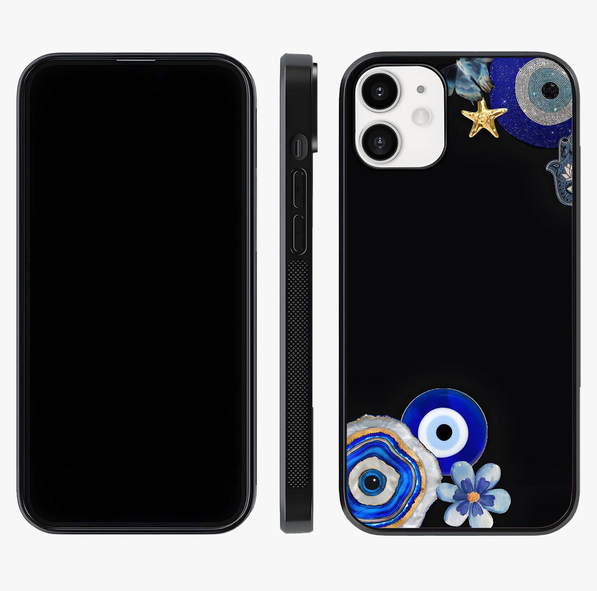 Aesthetic Blue Evil Eye Glass Case displayed upright for full design visibility and premium finish.