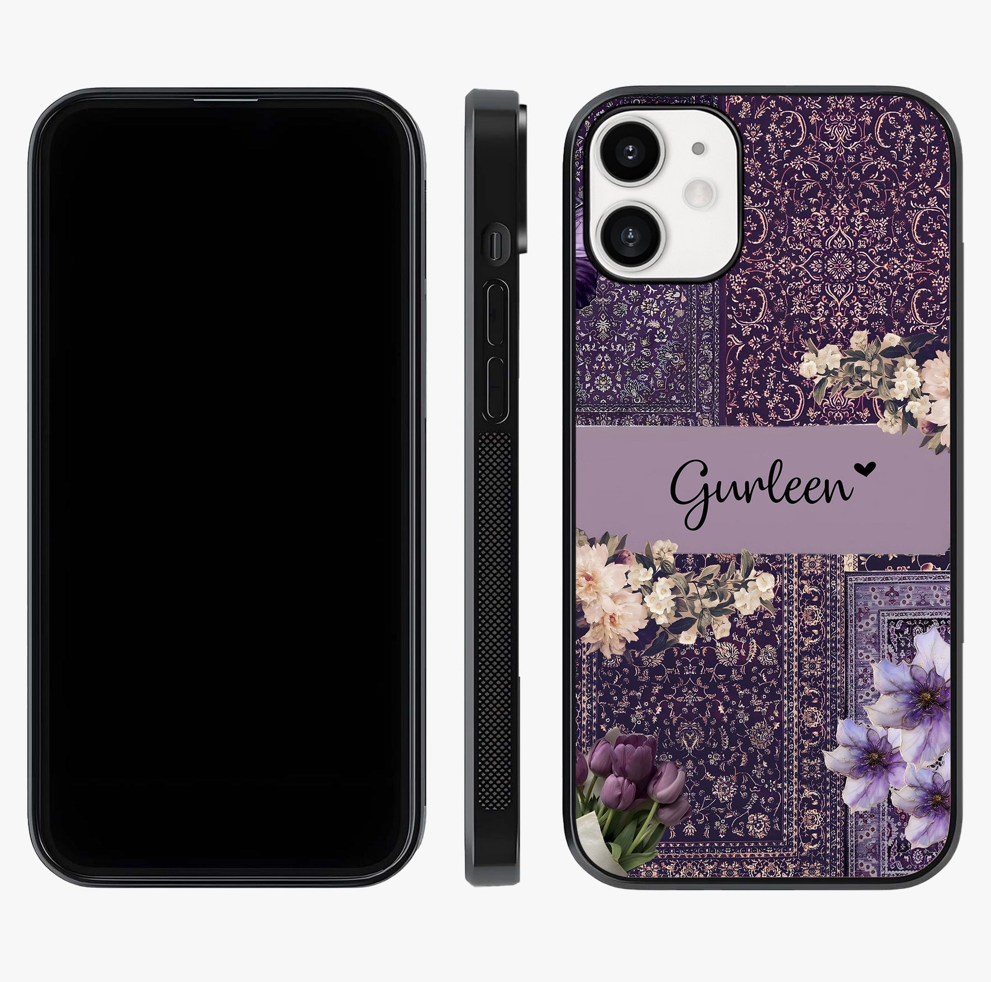 Antique Floral Whisper Custom Name Glass Case displayed upright for full design visibility and premium finish.