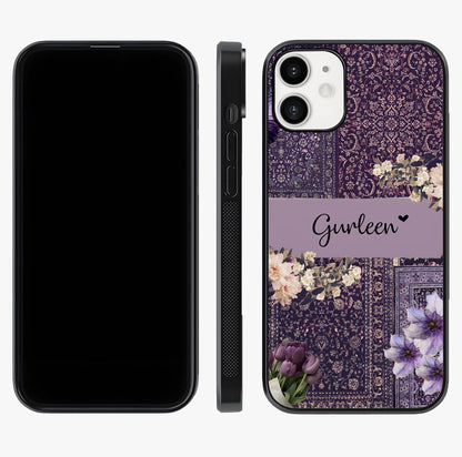 Antique Floral Whisper Custom Name Glass Case displayed upright for full design visibility and premium finish.
