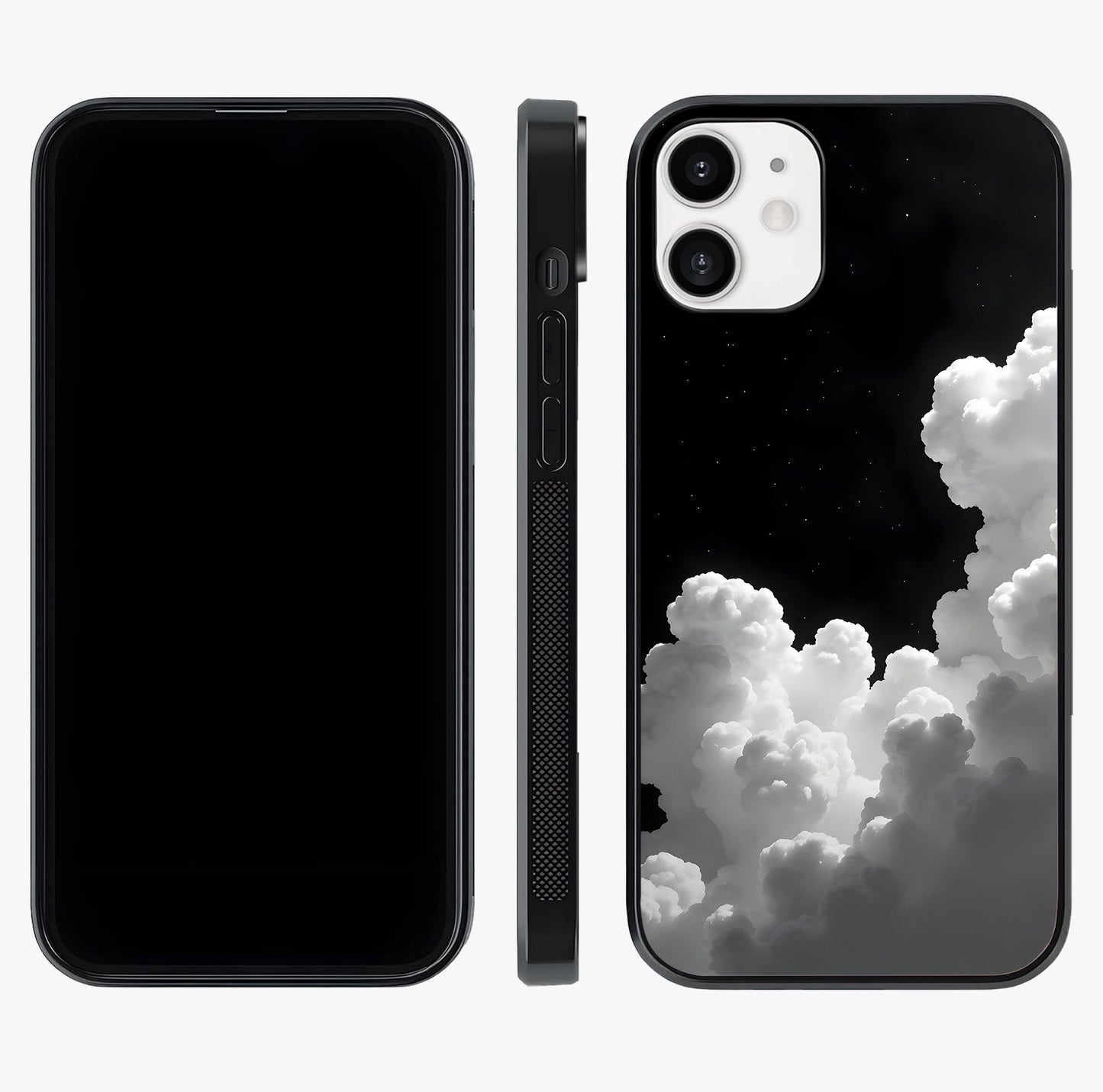 Black Background With White Cloud Glass Case displayed upright for full design visibility and premium finish.