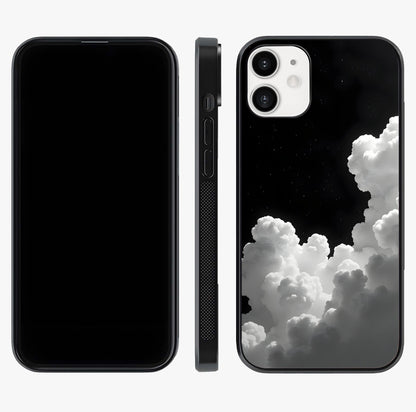 Black Background With White Cloud Glass Case displayed upright for full design visibility and premium finish.