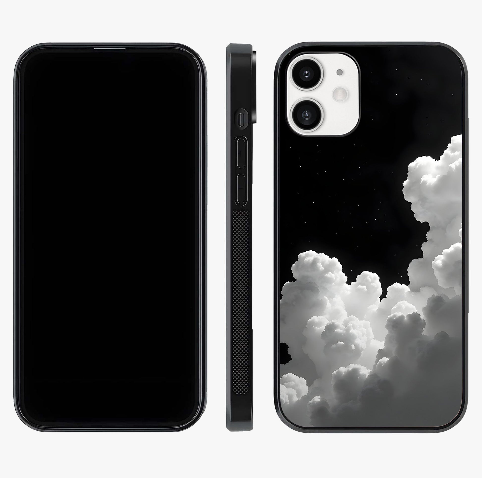 Black Background With White Cloud Glass Case displayed upright for full design visibility and premium finish.