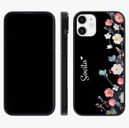 Black Elegance Floral Custom Name Glass Case displayed upright for full design visibility and premium finish.