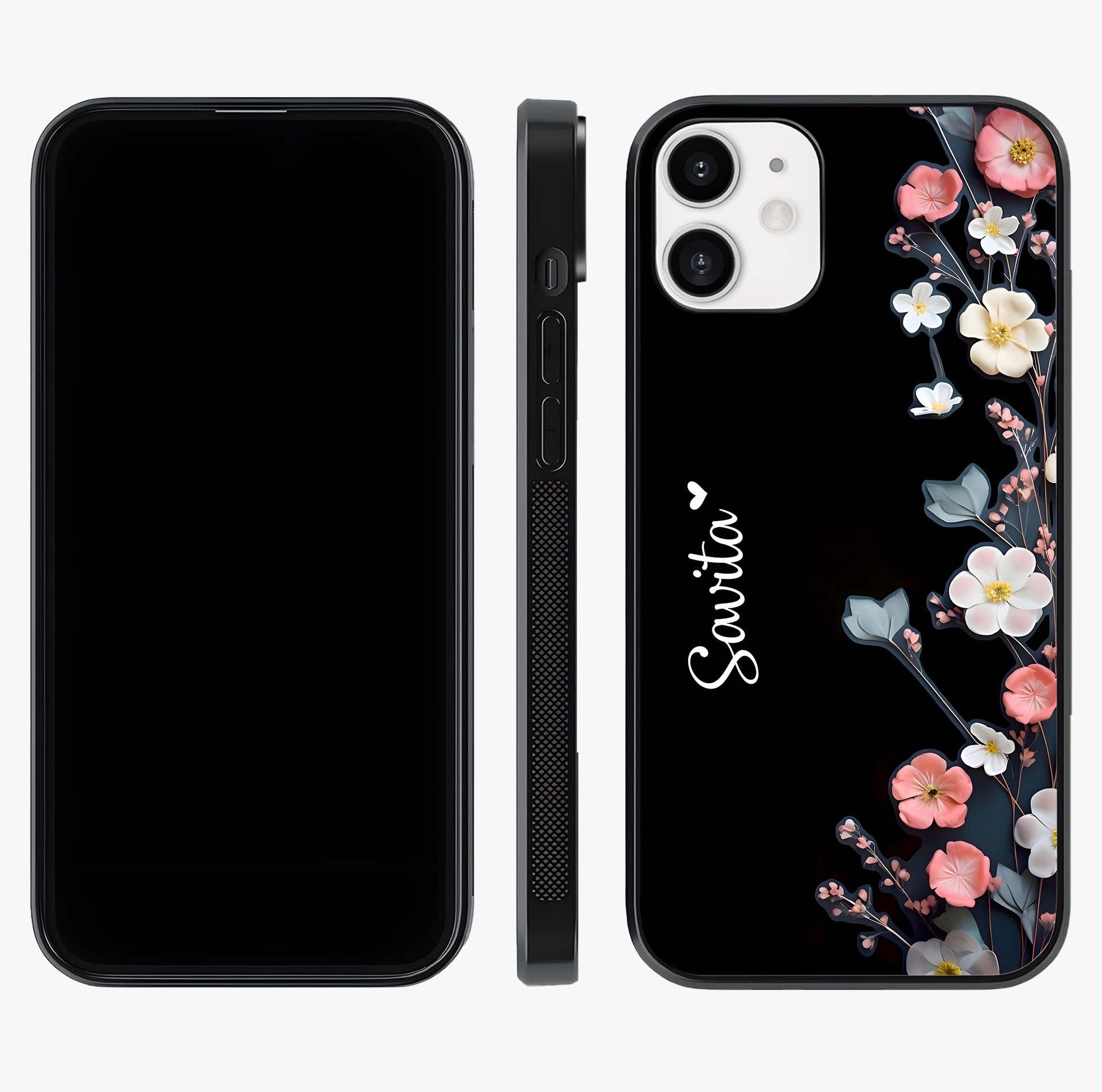Black Elegance Floral Custom Name Glass Case displayed upright for full design visibility and premium finish.