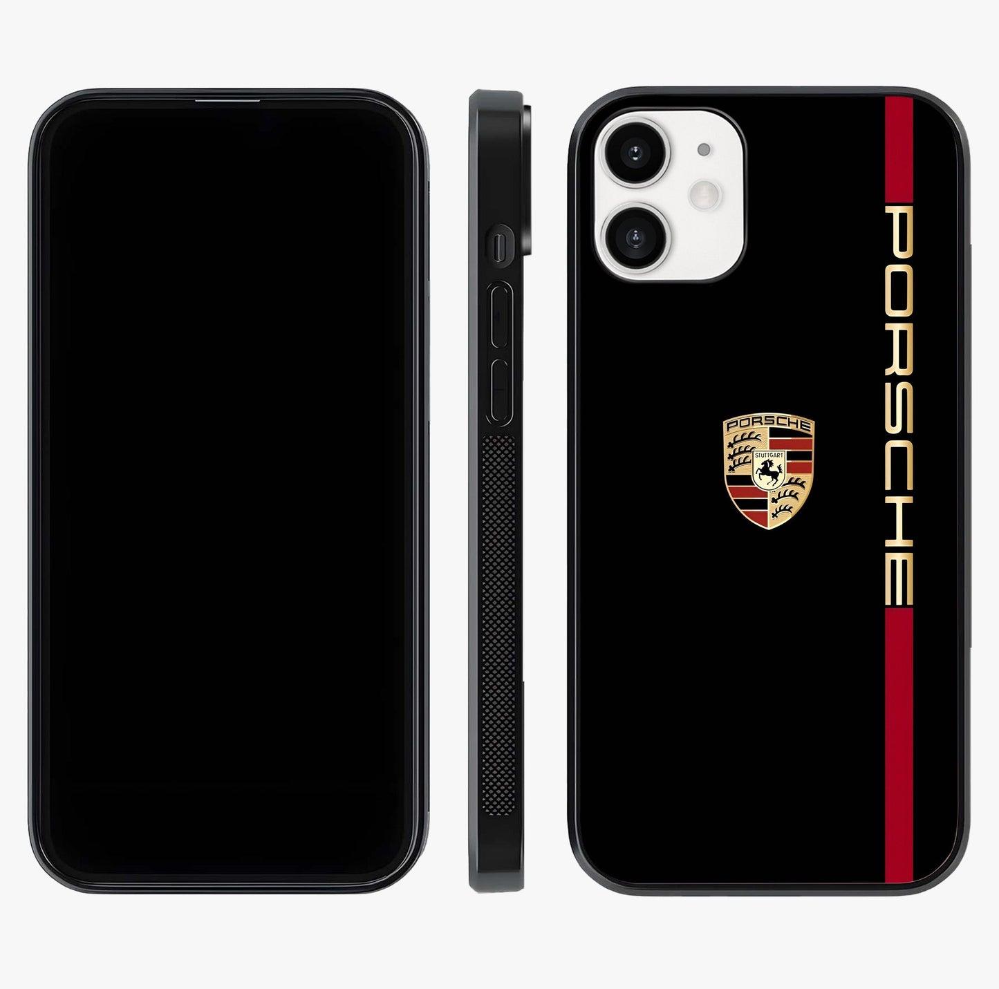 Black Minimal Porsche Glass Case displayed upright for full design visibility and premium finish.