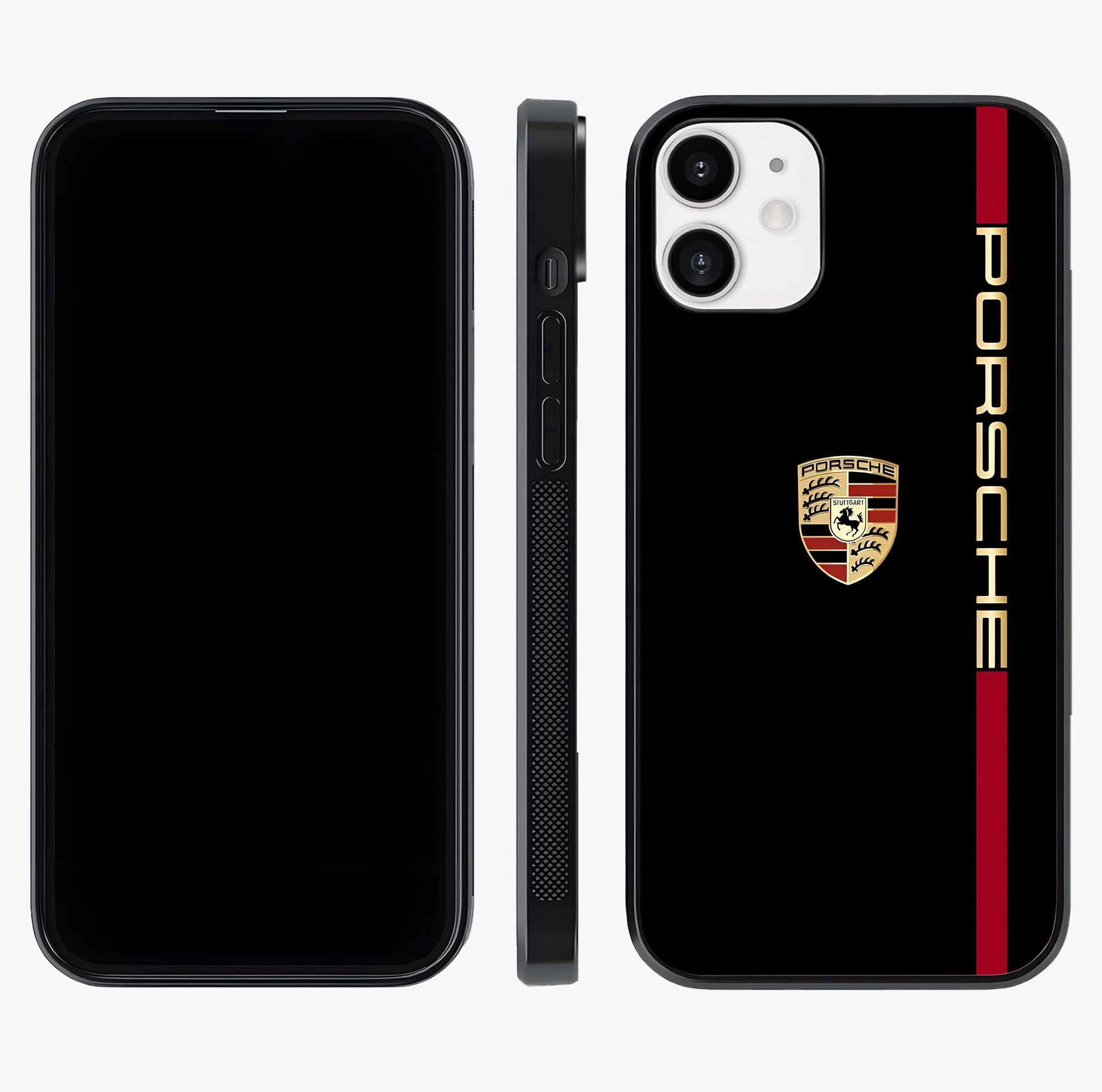 Black Minimal Porsche Glass Case displayed upright for full design visibility and premium finish.