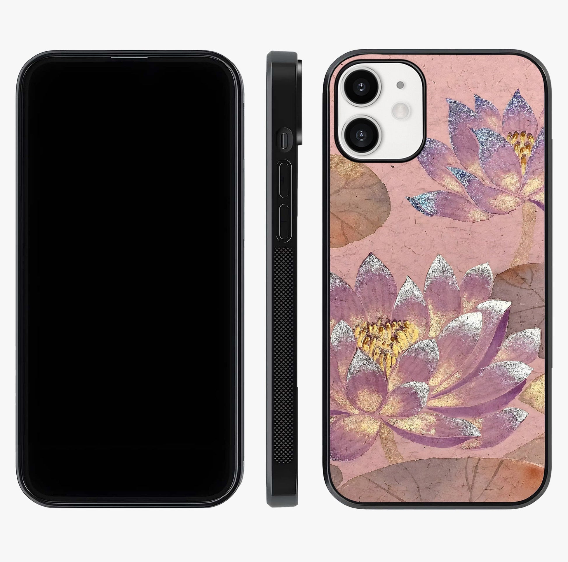 Blossom Mist Lotus Glass Case displayed upright for full design visibility and premium finish.
