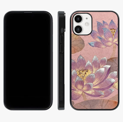 Blossom Mist Lotus Glass Case displayed upright for full design visibility and premium finish.