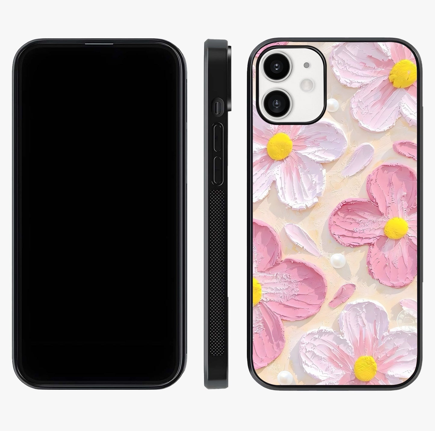 Blush Bloom Texture Glass Case displayed upright for full design visibility and premium finish.