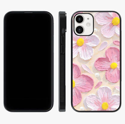 Blush Bloom Texture Glass Case displayed upright for full design visibility and premium finish.