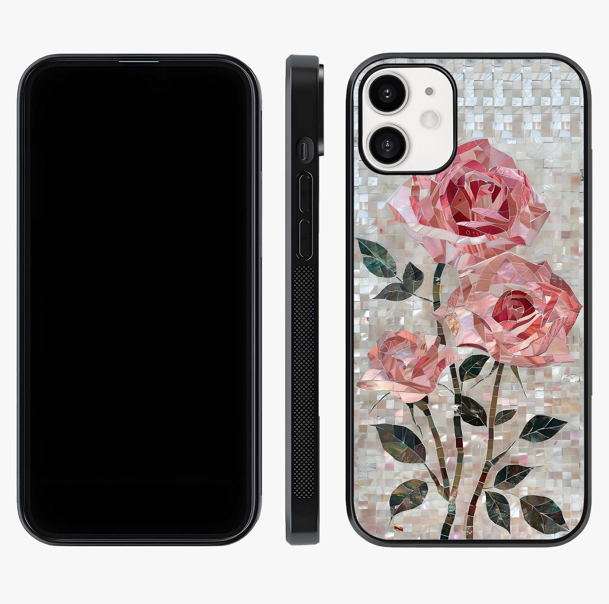 Blush Mosaic Bloom Glass Case displayed upright for full design visibility and premium finish.