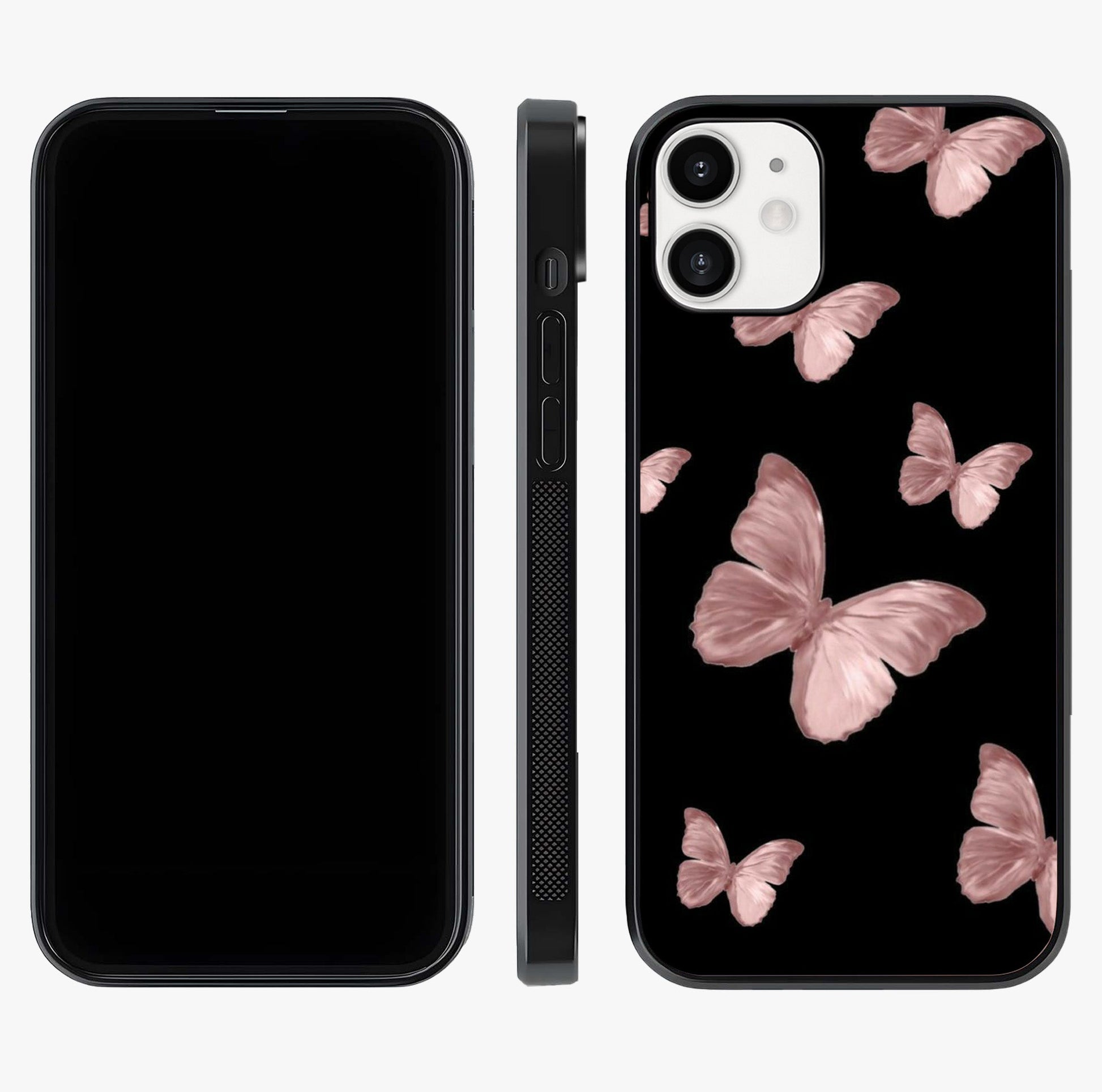 Butterfly Pattern Glass Case displayed upright for full design visibility and premium finish.