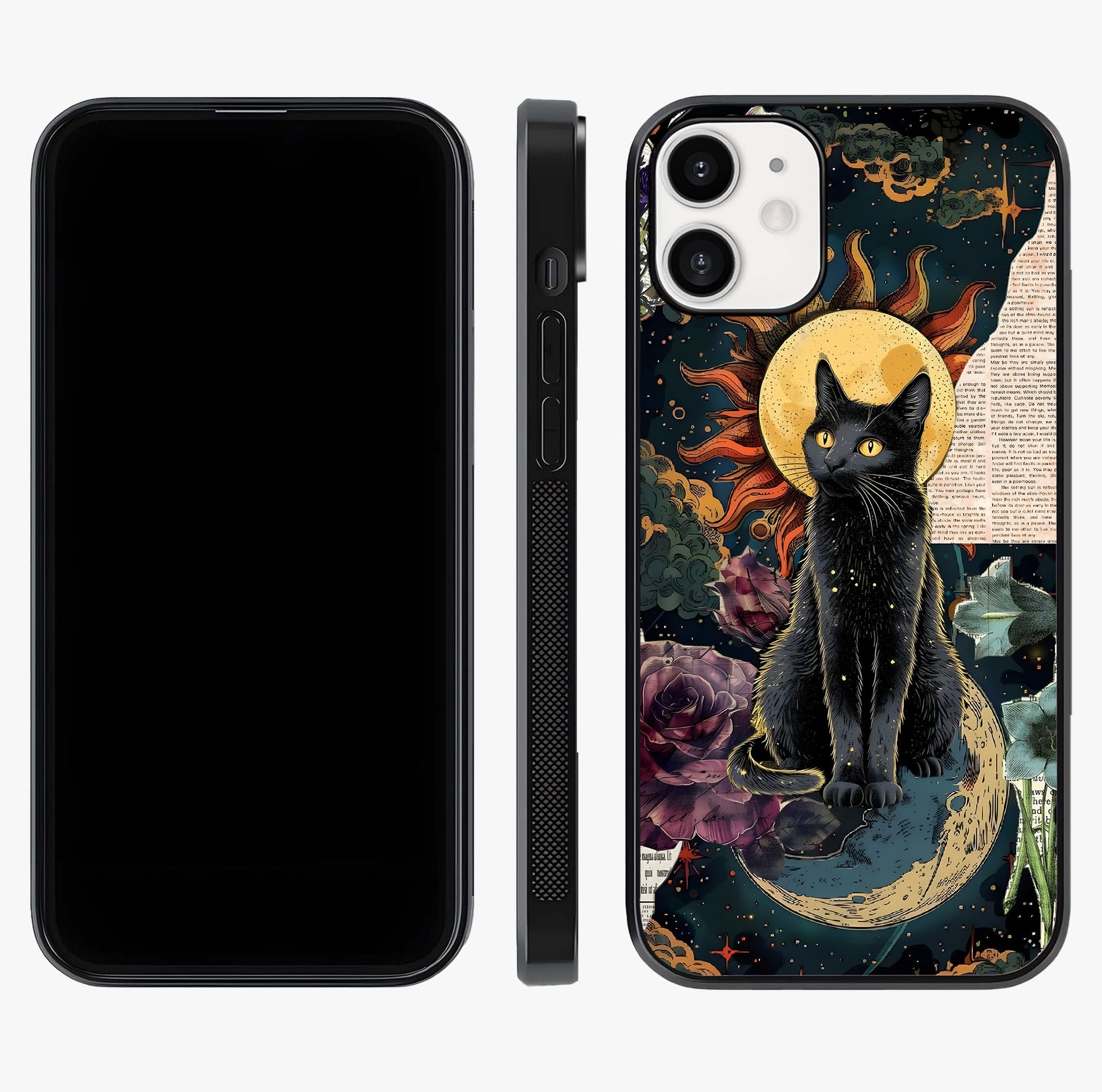 Celestial Black Cat Glass Case displayed upright for full design visibility and premium finish.