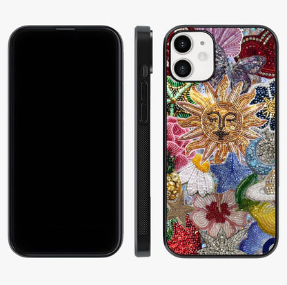 Celestial Floral And Playful Glass Case displayed upright for full design visibility and premium finish.