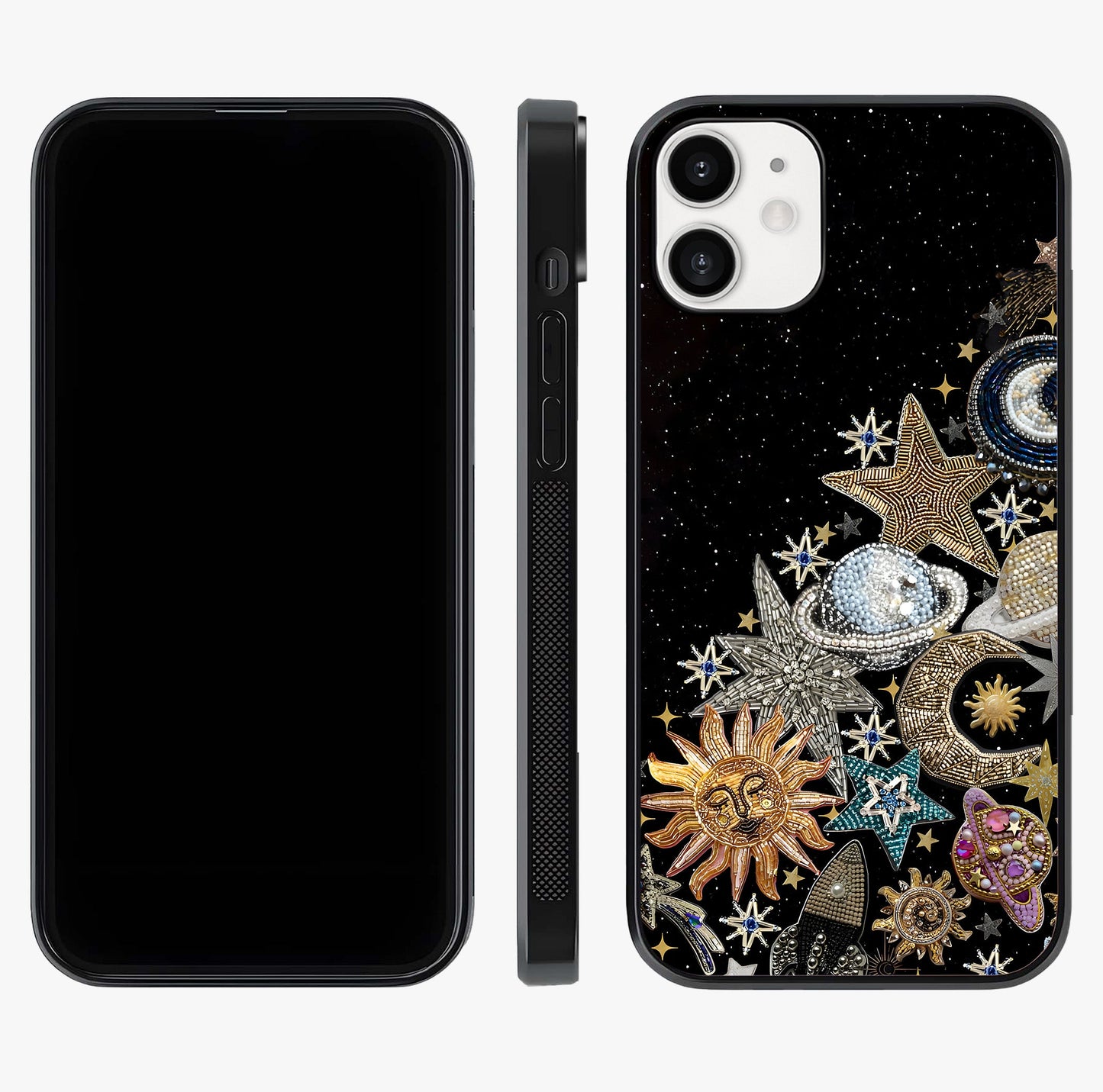 Cosmic Sparkle Dreams Glass Case displayed upright for full design visibility and premium finish.
