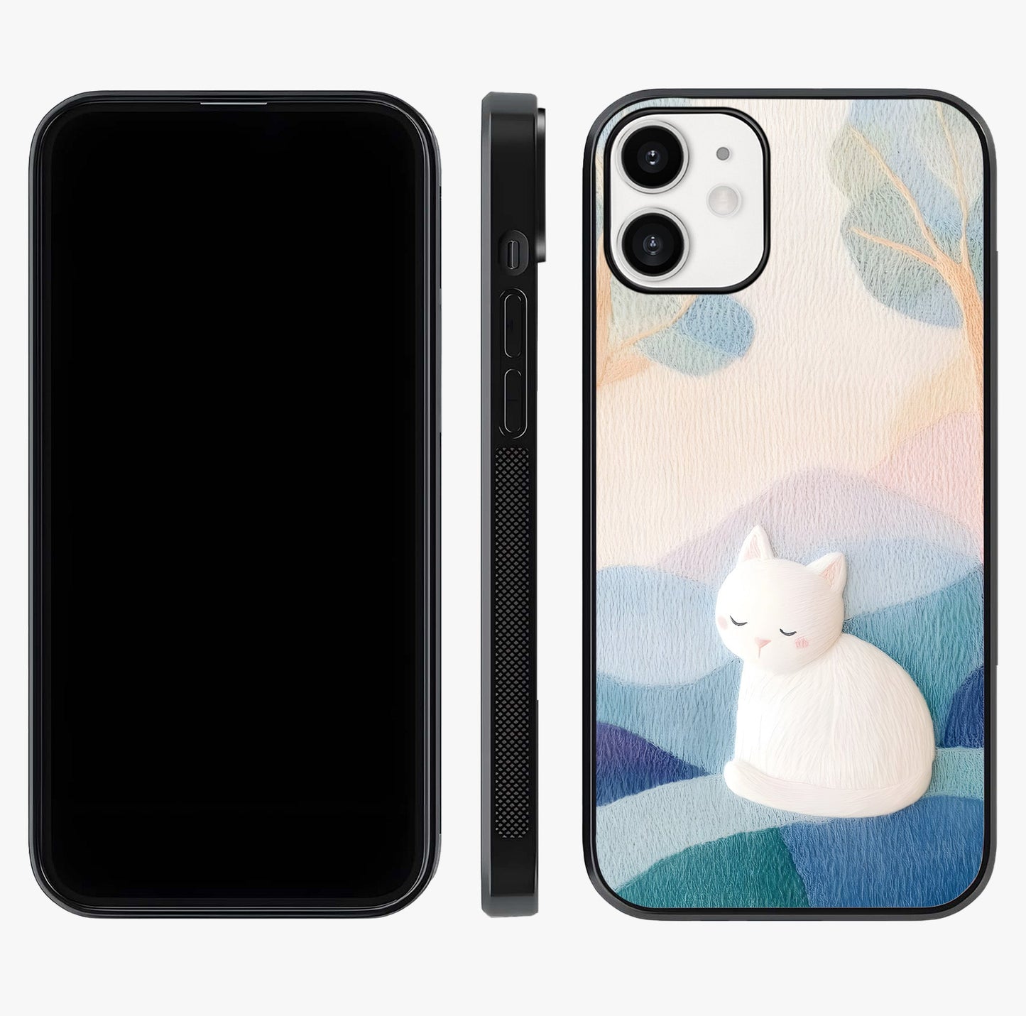 Cotton Dream Cat Glass Case displayed upright for full design visibility and premium finish.
