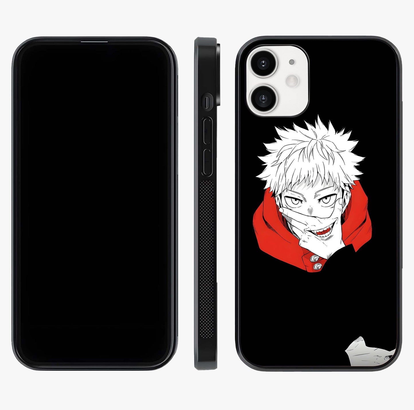 Crimson Chaos Smile Glass Case displayed upright for full design visibility and premium finish.