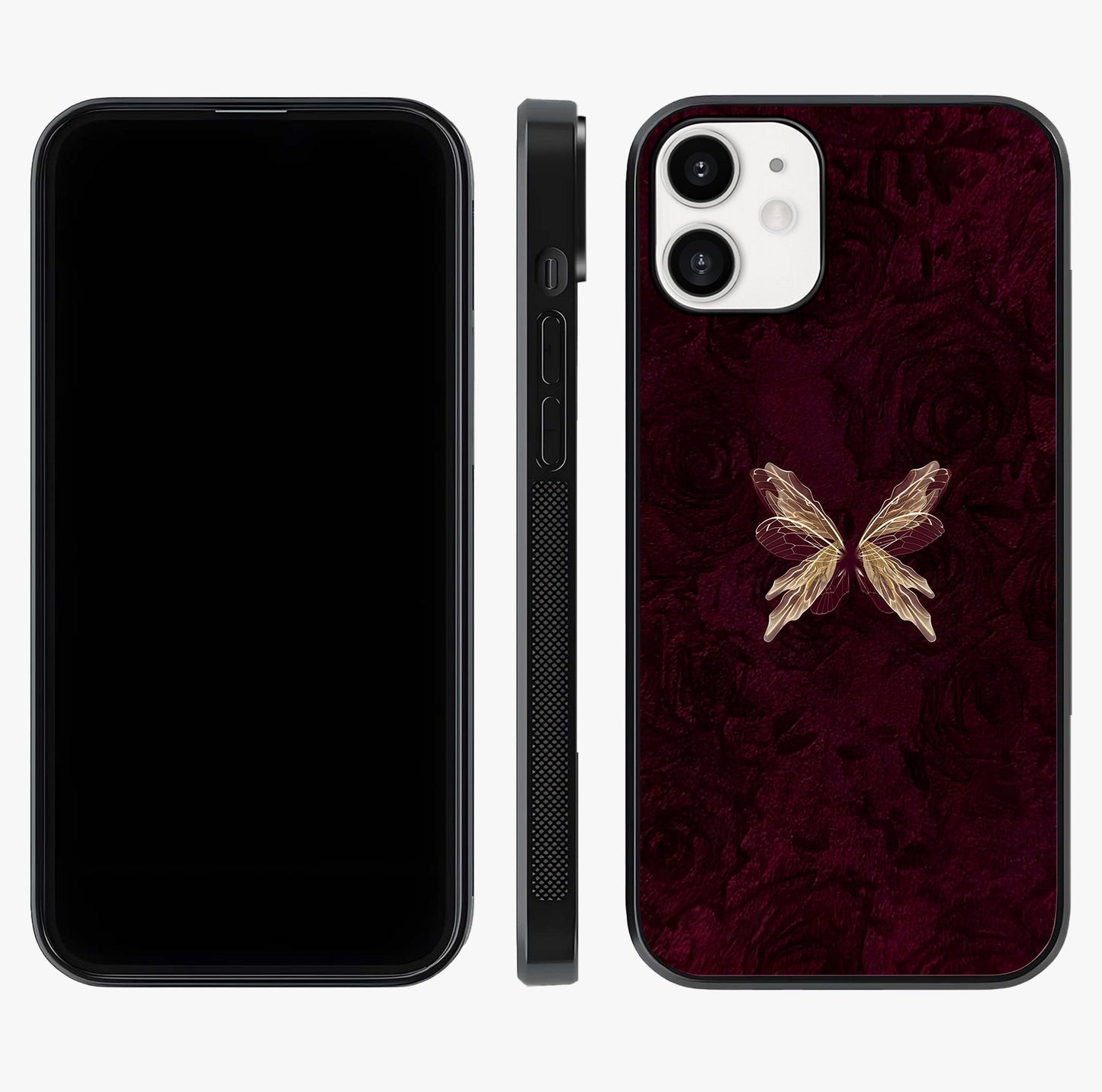 Crimson Fade Butterfly Glass Case displayed upright for full design visibility and premium finish.
