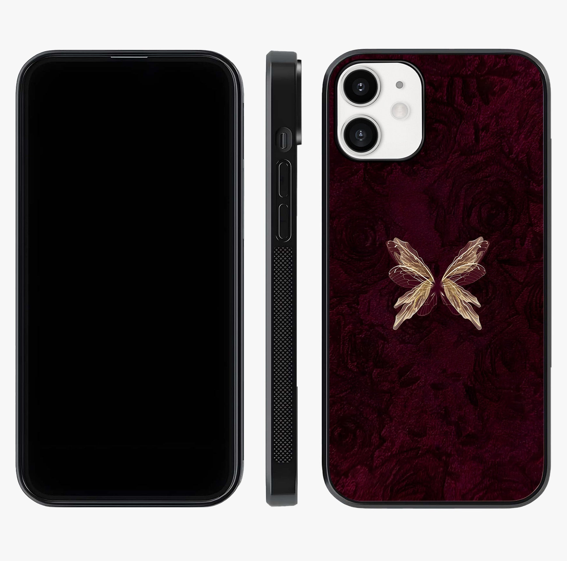Crimson Fade Butterfly Glass Case displayed upright for full design visibility and premium finish.