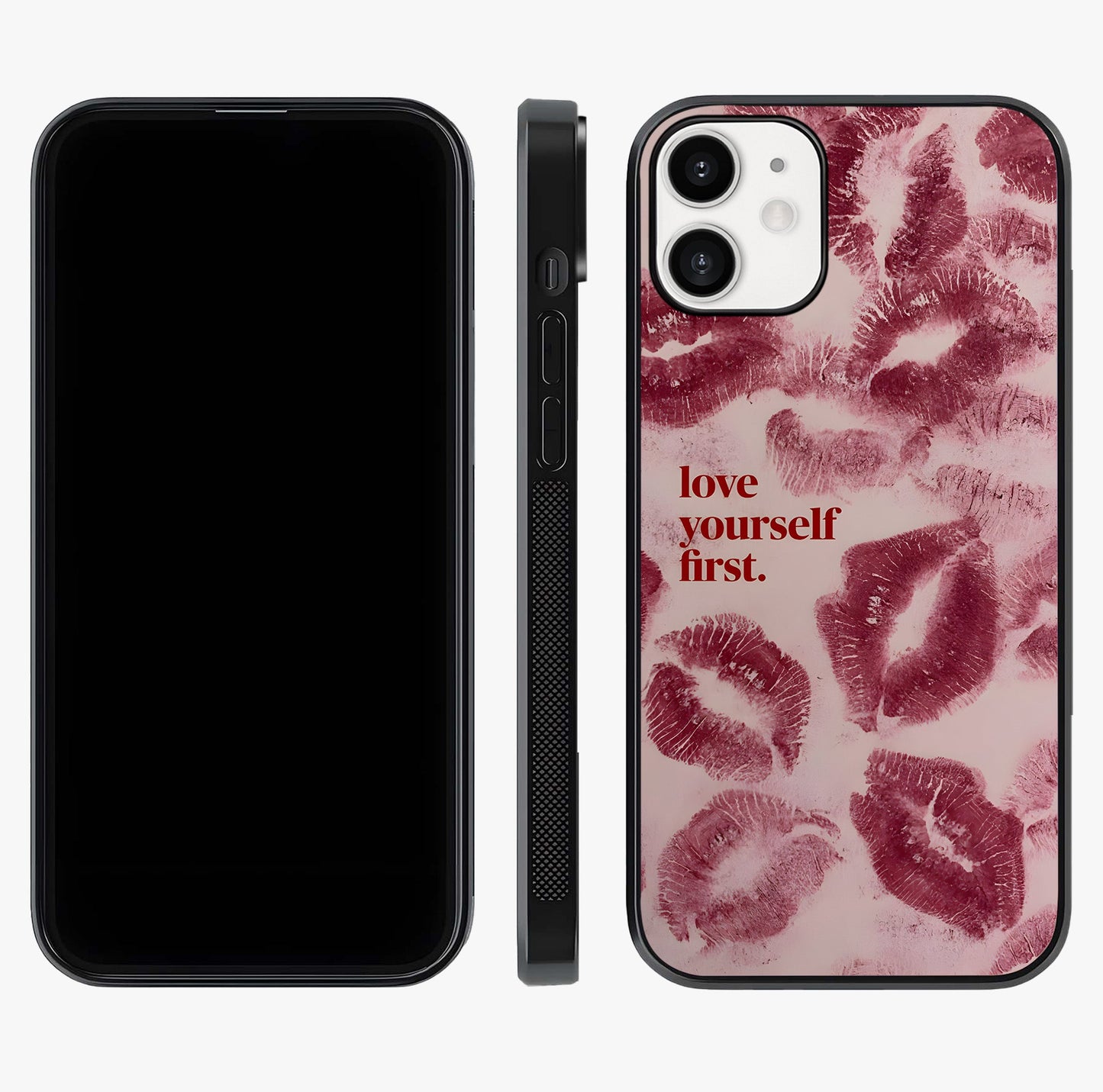 Crimson Kiss Love Glass Case displayed upright for full design visibility and premium finish.