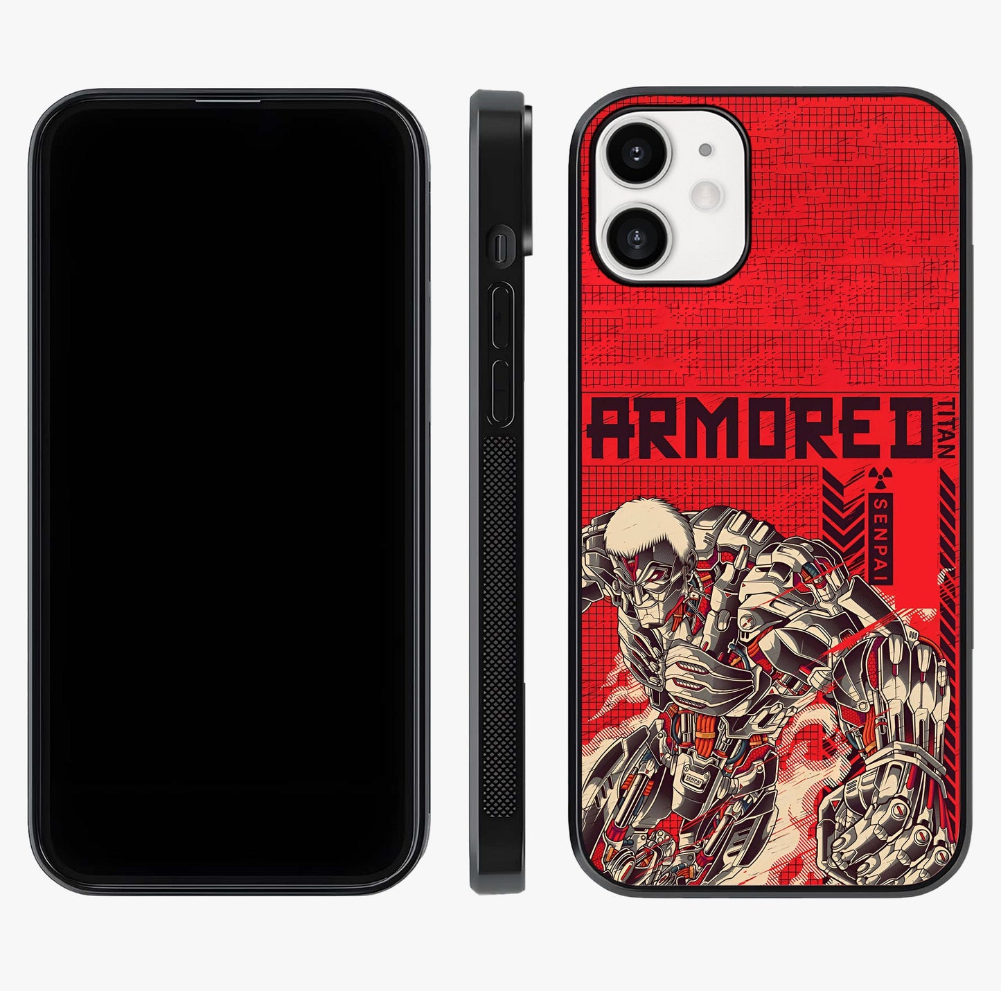 Crimson Mecha Titan Glass Case displayed upright for full design visibility and premium finish.