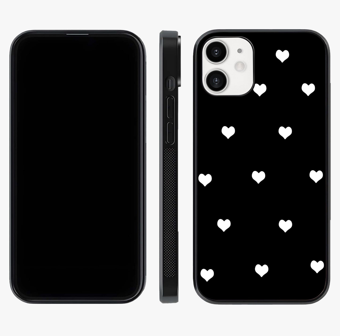 Cute And Simple White Hearts Glass Case displayed upright for full design visibility and premium finish.
