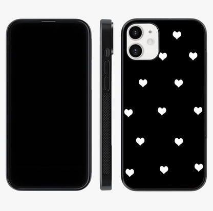 Cute And Simple White Hearts Glass Case displayed upright for full design visibility and premium finish.