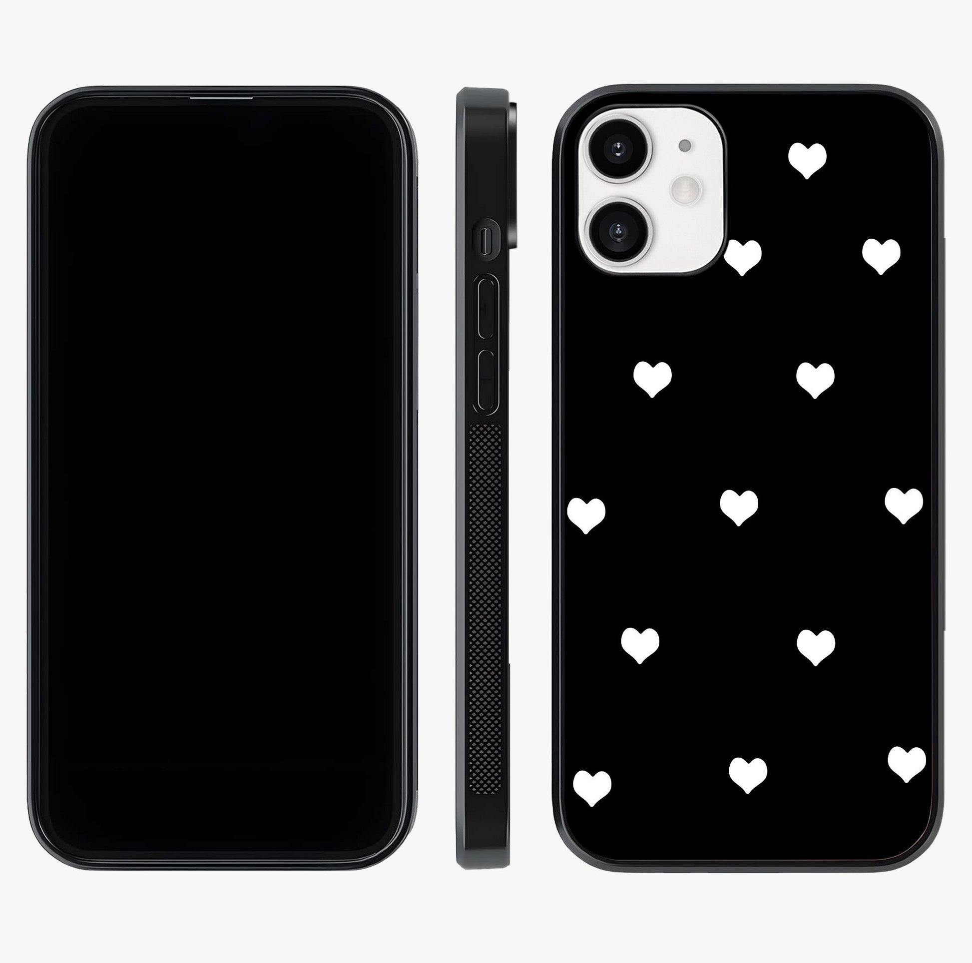 Cute And Simple White Hearts Glass Case displayed upright for full design visibility and premium finish.