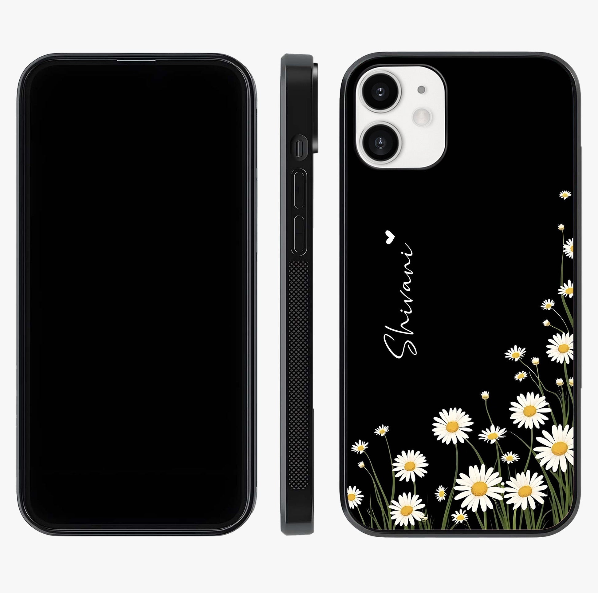 Daisy Cascade Custom Name Glass Case displayed upright for full design visibility and premium finish.