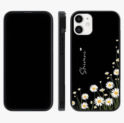 Daisy Cascade Custom Name Glass Case displayed upright for full design visibility and premium finish.