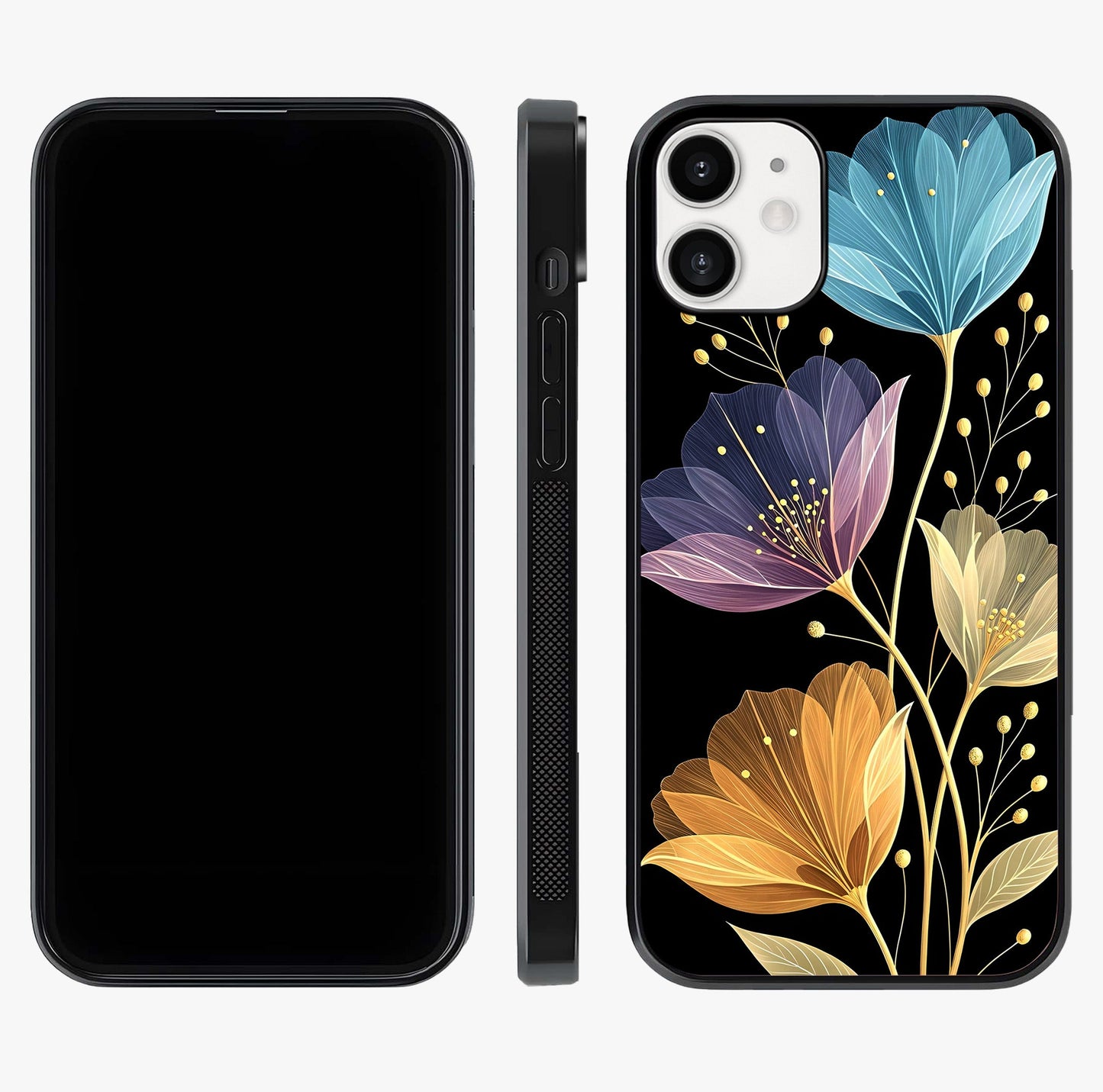 Delicate Multicolor Flowers Glass Case displayed upright for full design visibility and premium finish.
