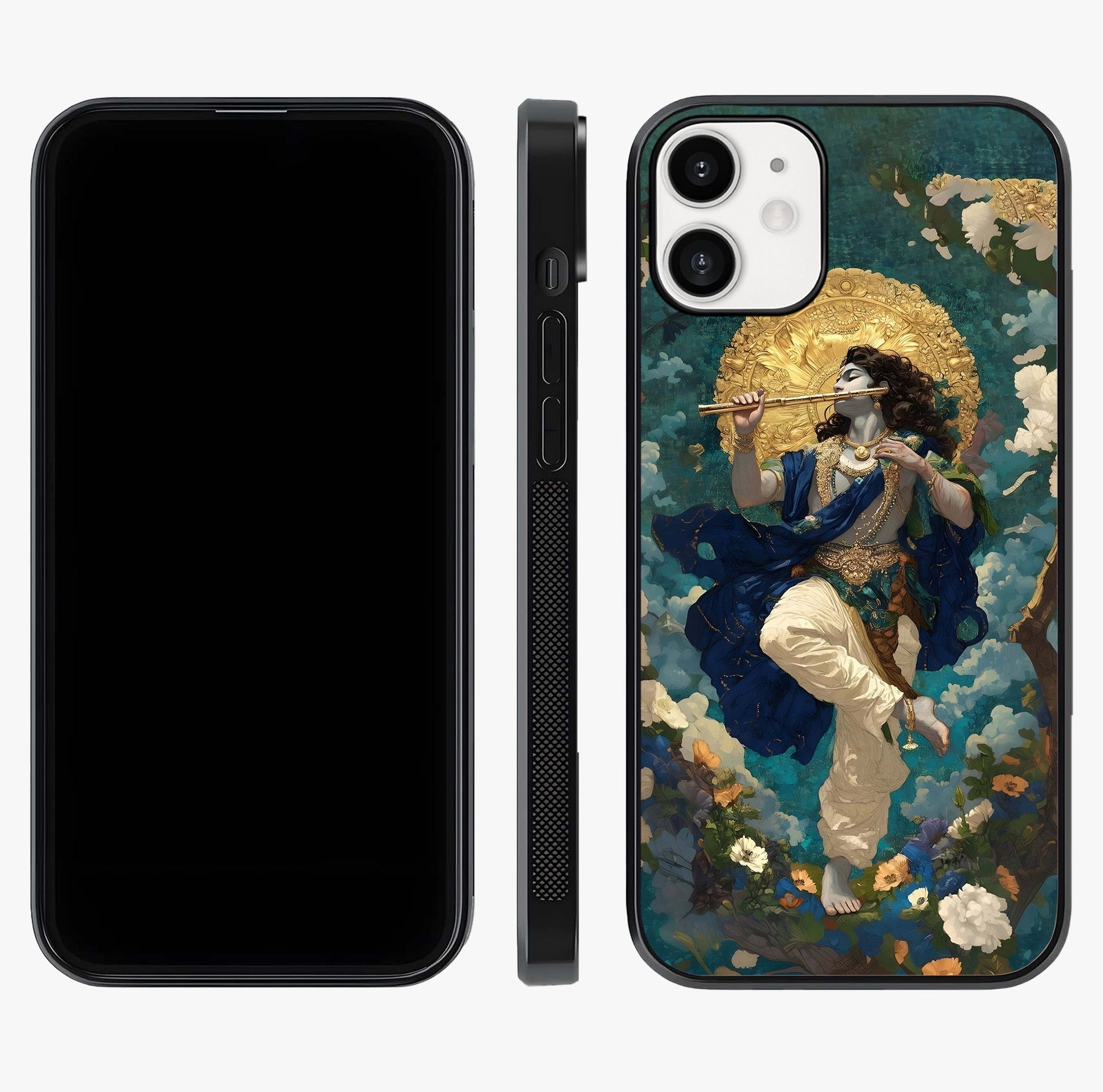 Divine Krishna Art Glass Case displayed upright for full design visibility and premium finish.