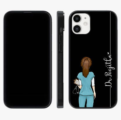 Doctor Pattern Custom Name Glass Case displayed upright for full design visibility and premium finish.