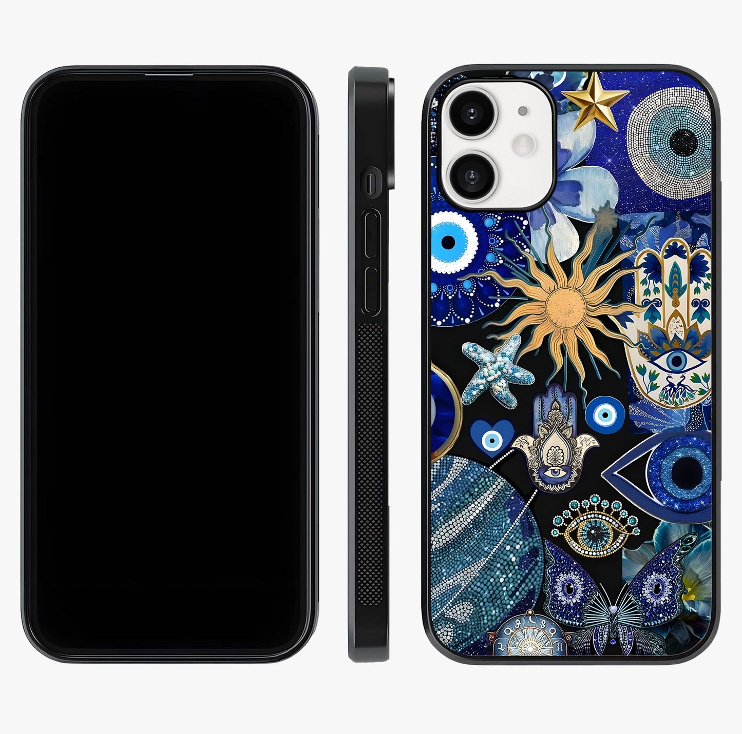 Evil Eye Charm Mix Glass Case displayed upright for full design visibility and premium finish.