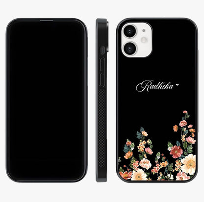 Floral Design With A Custom Personalized Name Glass Case displayed upright for full design visibility and premium finish.