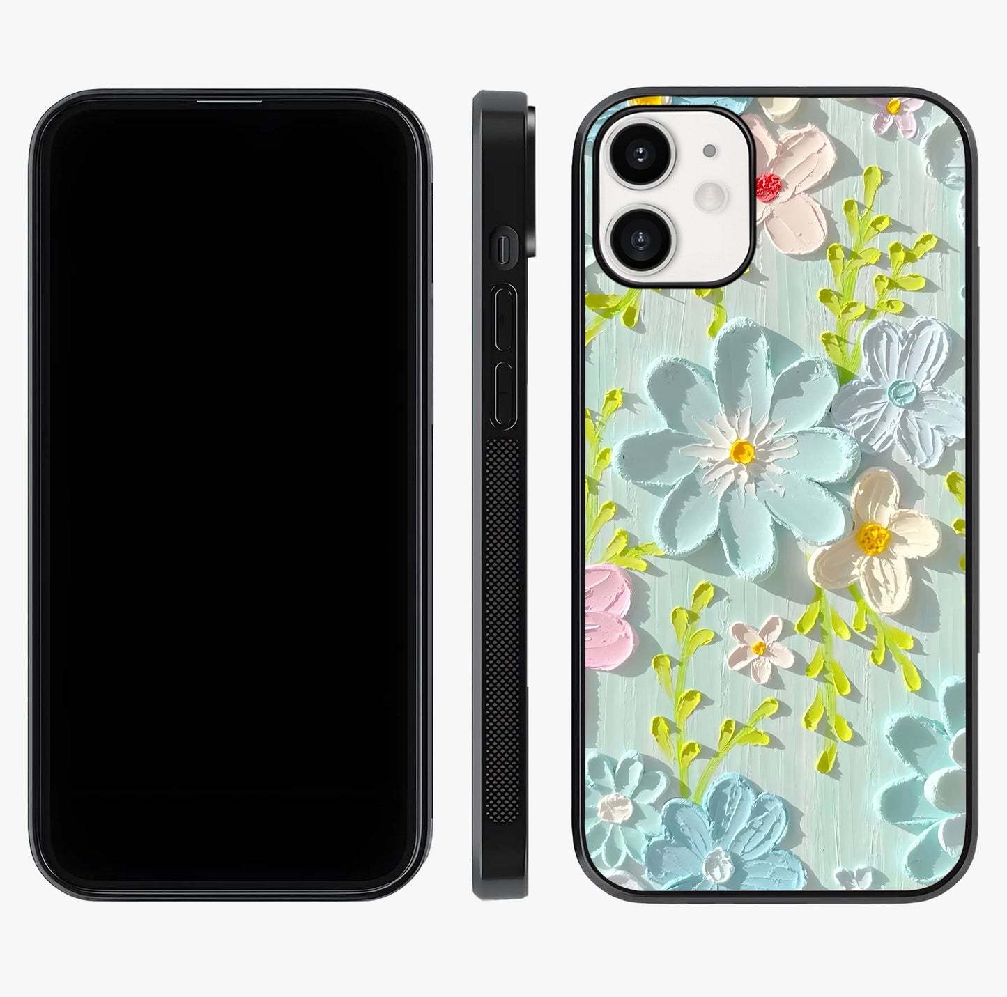 Frosted Petal Garden Glass Case displayed upright for full design visibility and premium finish.