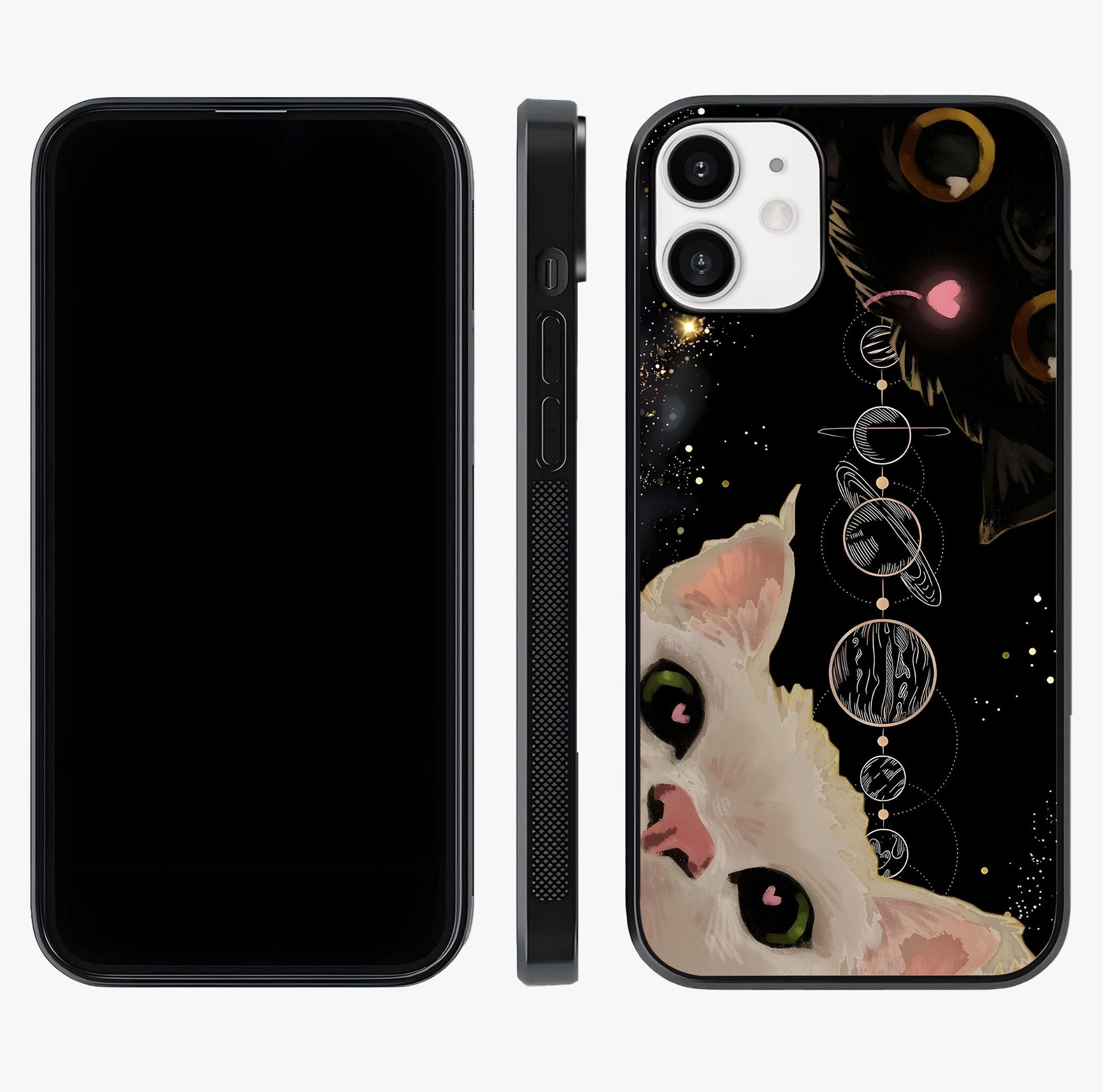 Galactic Cat Glass Case displayed upright for full design visibility and premium finish.